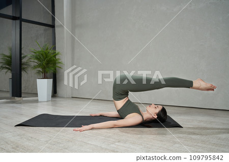 Focused flexible brunette female practicing halasana on yoga mat. Side view of mindful sporty woman with closed eyes practicing plow yoga asana at home. Concept of yoga practice, lifestyle. Focused flexible brunette female practicing halasana on yoga mat. Side view of mindful sporty woman with closed eyes practicing plow yoga asana at home. Concept of yoga practice, lifestyle. 109795842