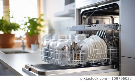 Organized Kitchen Bliss: Clean Dishes Set in an Open Dishwasher 109796023