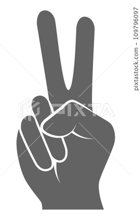 V sign hand gesture with two fingers raised for victory and peace symbol, black and white vector silhouette illustration 109796097