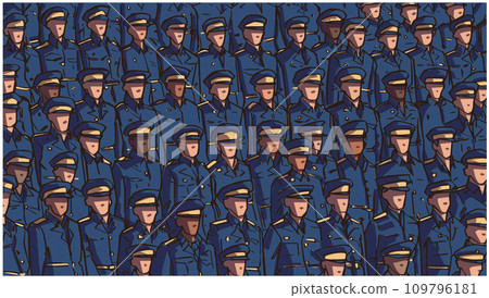 Illustration of military personnel,, police force in uniform at event, parade in color 109796181