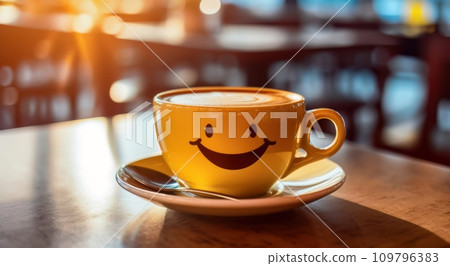 Emotive Elixir: Yellow Saucer with Smiling Face in Coffee Shop 109796383