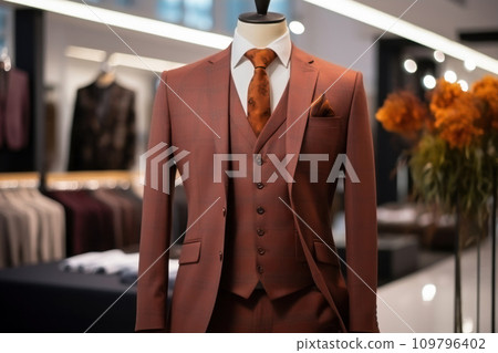 Elegant Menswear: Upscale Presentation of a Classic Three-Piece Suit in a Fashionable Store Elegant Menswear: Upscale Presentation of a Classic Three-Piece Suit in a Fashionable Store 109796402