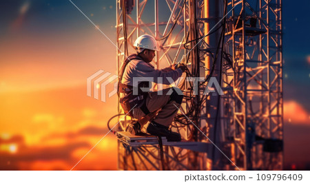 High-Tech Heights: Technical Worker Repairing Telecommunications Tower 109796409