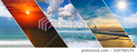 Panoramic view of tropical beaches and sky. Collage.Wide photo. Panoramic view of tropical beaches and sky. Collage.Wide photo. 109796570