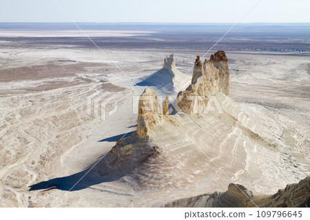 Bozzhira valley pinnacles aerial view, Mangystau region, Kazakhstan. Ak Orpa pinnacles 109796645