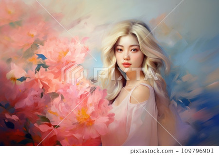 Beautiful blonde Asian woman with flowers. Romantic lady. Illustration in style of oil painting. Impressionism. Trendy pastel colors. For postcard, greeting, wall decor, cover design, print 109796901