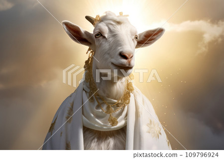 Majestic White Goat Adorned with Necklace dressed in white toga, illuminated by rays of sun against background of yellow sky and clouds. Goat angel. Religious animal. Religion and ascension concept. Majestic White Goat Adorned with Necklace dressed in white toga, illuminated by rays of sun against background of yellow sky and clouds. Goat angel. Religious animal. Religion and ascension concept. 109796924