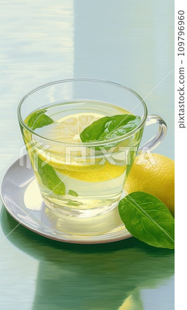 Refreshing Lemon Green Tea. In Oil Painting Style. Transparent cup of tea with slice of lemon and mint on light green background. Healthy drink rich in vitamin C. With Copy space. Vertical format. 109796960