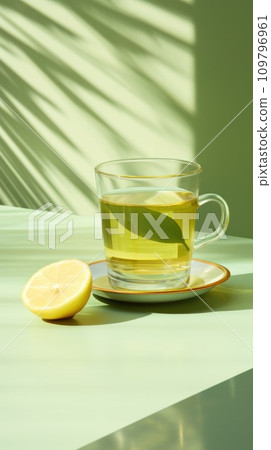 Refreshing Lemon Green Tea. Transparent cup of tea with slice of lemon and mint on light green background. Healthy drink with vitamin C. With Copy space. Vertical. For poster, advertising, food blog. 109796961