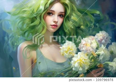 Portrait of young Woman with Long Curly Vibrant Green Hair Holding Bouquet of Delicate White Flowers. In style of Impressionism oil painting. Mermaid girl. For Print, poster, cover, Wall Decoration. 109796978