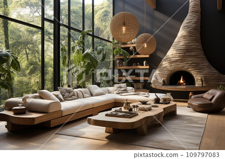 Chic living room design that embraces eco-friendly principles, natural light, wide windows, bright and airy feel 109797083