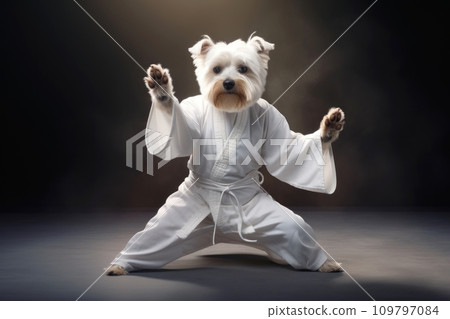 Kung fu master terrier dog dressed in white practice uniform in Kung fu Pose. Dark background. Doggy practicing Martial Arts. Concept of strengthening spirit and body, self-development. Funny animals 109797084