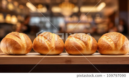 Bread. Loaves of freshly baked white bread in row on table. On blurred background of bakery or store. With copy space. Delicious food. For food blog, advertising, bakehouse, cafe, supermarket. Bread. Loaves of freshly baked white bread in row on table. On blurred background of bakery or store. With copy space. Delicious food. For food blog, advertising, bakehouse, cafe, supermarket. 109797090
