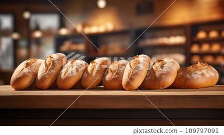 Bread. Loaves of freshly baked wheat bread in row on table. On blurred background of bakery or store. With copy space. Delicious food. For food blog, advertising, bakehouse, cafe, supermarket. Bread. Loaves of freshly baked wheat bread in row on table. On blurred background of bakery or store. With copy space. Delicious food. For food blog, advertising, bakehouse, cafe, supermarket. 109797091