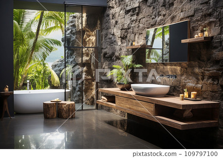 Bathroom designed for water consciousness, mirrors with frames crafted from recycled materials, sustainable design Bathroom designed for water consciousness, mirrors with frames crafted from recycled materials, sustainable design 109797100