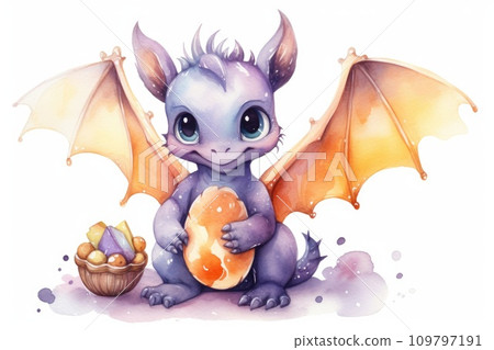 Watercolor Dragon. Cute cartoon fairy tale purple baby dragon with open wings and cookies, smiles. Illustration isolated on white background. Perfect for fantasy book cover, postcard, scrapbooking. Watercolor Dragon. Cute cartoon fairy tale purple baby dragon with open wings and cookies, smiles. Illustration isolated on white background. Perfect for fantasy book cover, postcard, scrapbooking. 109797191