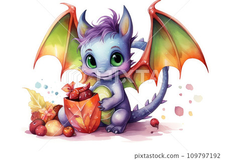 Watercolor Dragon. Cute cartoon fairy tale rainbow baby dragon with open wings and sweets, smiles. Illustration isolated on white background. Perfect for fantasy book covers, postcards, scrapbooking. Watercolor Dragon. Cute cartoon fairy tale rainbow baby dragon with open wings and sweets, smiles. Illustration isolated on white background. Perfect for fantasy book covers, postcards, scrapbooking. 109797192