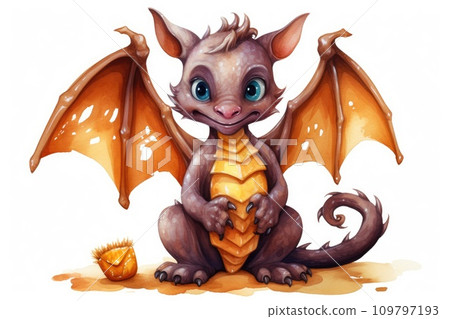 Watercolor Dragon. Cute cartoon fairy tale brown baby dragon with open wings, smiles. Illustration isolated on white background. Perfect for fantasy book covers, postcards, scrapbooking. Watercolor Dragon. Cute cartoon fairy tale brown baby dragon with open wings, smiles. Illustration isolated on white background. Perfect for fantasy book covers, postcards, scrapbooking. 109797193