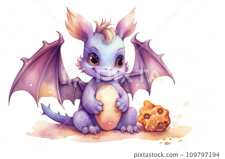 Watercolor Dragon. Cute cartoon fairy tale purple baby dragon female with open wings and cookies, smiles. Illustration isolated on white background. For fantasy book covers, postcards, scrapbooking. Watercolor Dragon. Cute cartoon fairy tale purple baby dragon female with open wings and cookies, smiles. Illustration isolated on white background. For fantasy book covers, postcards, scrapbooking. 109797194