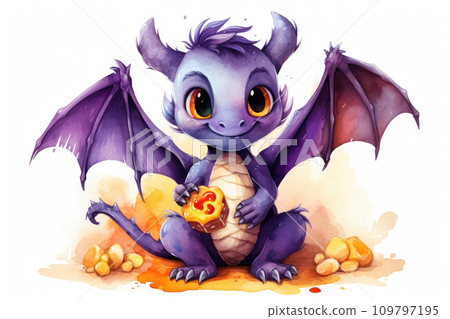 Watercolor Dragon. Cute cartoon fairy tale purple baby dragon with open wings and cookies, smiles. Illustration isolated on white background. Perfect for fantasy book covers, postcards, scrapbooking. Watercolor Dragon. Cute cartoon fairy tale purple baby dragon with open wings and cookies, smiles. Illustration isolated on white background. Perfect for fantasy book covers, postcards, scrapbooking. 109797195
