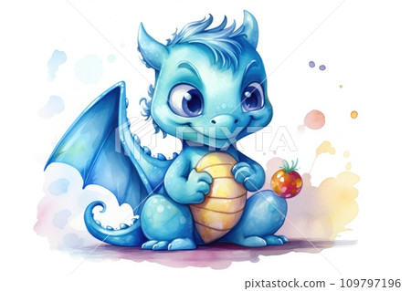 Watercolor Dragon. Cute cartoon fairy tale blue baby dragon with open wings, smiles. Illustration isolated on white background. Perfect for fantasy book covers, postcards, scrapbooking. Watercolor Dragon. Cute cartoon fairy tale blue baby dragon with open wings, smiles. Illustration isolated on white background. Perfect for fantasy book covers, postcards, scrapbooking. 109797196
