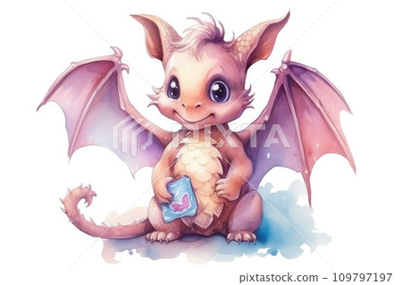Watercolor Dragon. Cute cartoon fairy tale pink baby dragon with open wings, smiles. Illustration isolated on white background. Perfect for fantasy book covers, postcards, scrapbooking Watercolor Dragon. Cute cartoon fairy tale pink baby dragon with open wings, smiles. Illustration isolated on white background. Perfect for fantasy book covers, postcards, scrapbooking 109797197