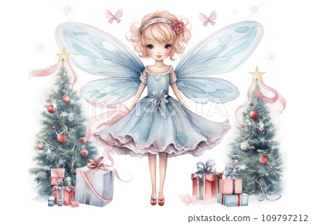 Watercolor Christmas Princess. Illustration of magical fairy with wings in blue dress with Christmas trees and gifts. Little angel girl. Ideal for children book, holiday card, kid decor, scrapbooking. 109797212