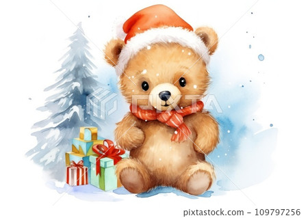 Adorable watercolor Christmas cub bear in Santa hat with festive gifts in a snowy pine forest. Festive New Year atmosphere. Suitable for greeting cards, congratulations, prints, scrapbooking Adorable watercolor Christmas cub bear in Santa hat with festive gifts in a snowy pine forest. Festive New Year atmosphere. Suitable for greeting cards, congratulations, prints, scrapbooking 109797256