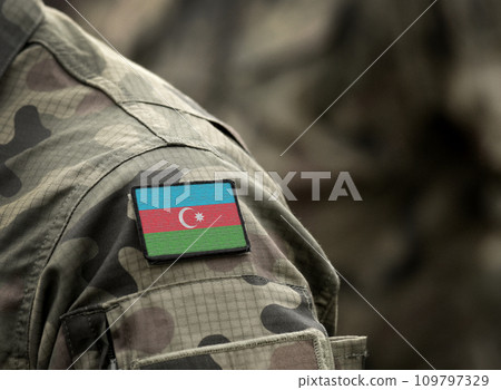 Flag of Azerbaijan on military uniform. Azerbaijani army, armed forces, soldiers. Collage. 109797329