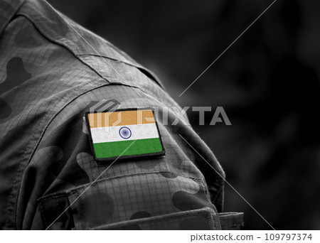 Flag of India on military uniform. Army, armed forces, soldiers. Collage. Flag of India on military uniform. Army, armed forces, soldiers. Collage. 109797374