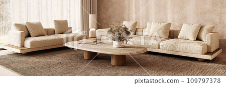 Warm and inviting boho scandinavian living room with textured sofas and wooden accents. 3d render 109797378