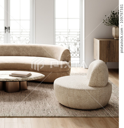Stylish bohemian chic living room with elegant curved sofa and marble coffee table by large arched windows. 3d render Stylish bohemian chic living room with elegant curved sofa and marble coffee table by large arched windows. 3d render 109797381