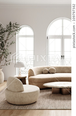 Serene and stylish boho scandinavian living space with natural light and minimalist furnishings. 3d render 109797382