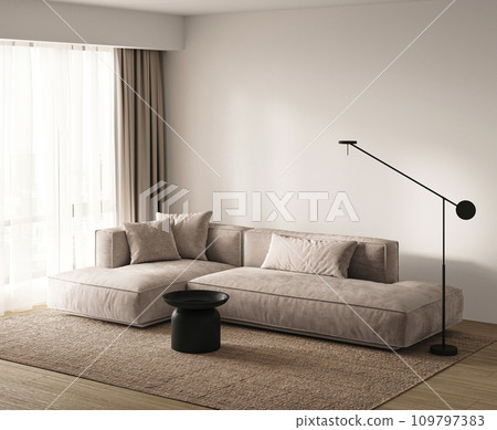 Contemporary living room with plush neutral-toned sofa and modern accents under soft daylight. 3d render Contemporary living room with plush neutral-toned sofa and modern accents under soft daylight. 3d render 109797383