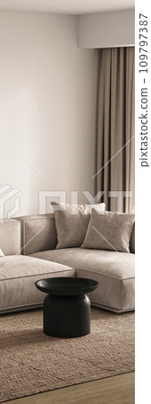 Modern minimalist living room with plush sectional sofa and sleek black coffee table on a textured rug. 3d render 109797387