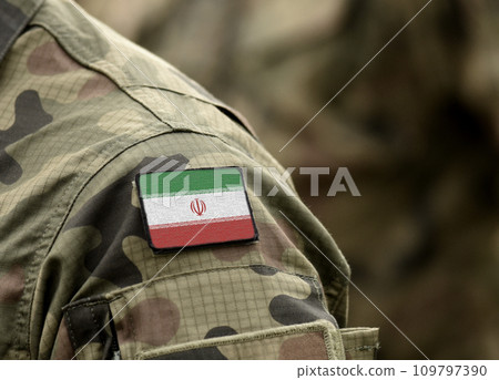 Flag of Iran on military uniform (collage). 109797390