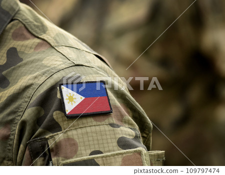 Flag of Philippines on military uniform. Army, troops, soldiers. Collage. Flag of Philippines on military uniform. Army, troops, soldiers. Collage. 109797474