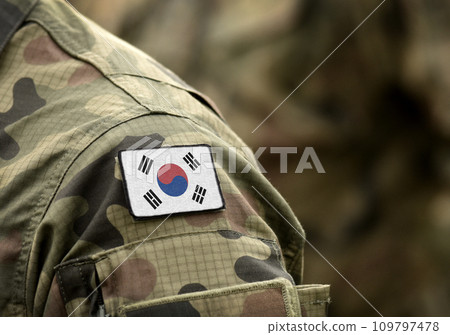 Flag of South Korea on military uniform (collage). Flag of South Korea on military uniform (collage). 109797478