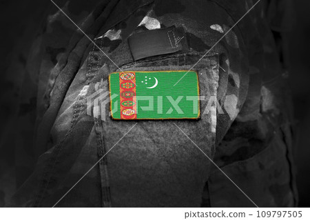 Flag of Turkmenistan on military uniform. Army, armed forces, soldiers. Collage. Flag of Turkmenistan on military uniform. Army, armed forces, soldiers. Collage. 109797505
