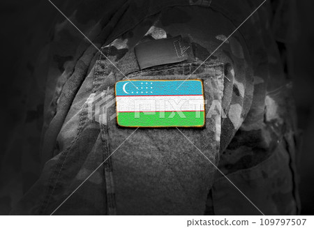 Flag of Uzbekistan on military uniform. Army, armed forces, soldiers. Collage. Flag of Uzbekistan on military uniform. Army, armed forces, soldiers. Collage. 109797507