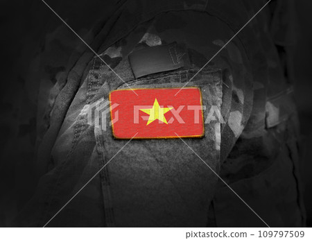 Flag of Vietnam on military uniform. Army, troops, soldiers. Collage. Flag of Vietnam on military uniform. Army, troops, soldiers. Collage. 109797509