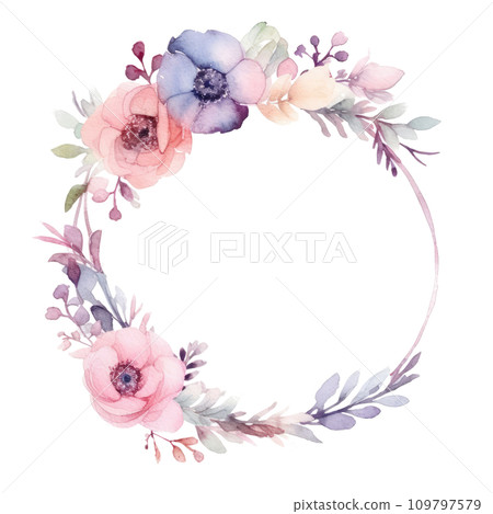 Watercolor wedding circle frame, delicate colors, offering a romantic and stylish backdrop. isolated Watercolor wedding circle frame, delicate colors, offering a romantic and stylish backdrop. isolated 109797579