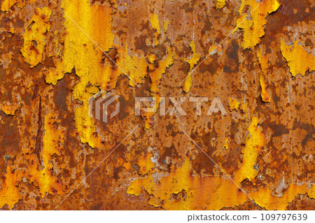 beautifully rusted thick sheet metal with leftovers of yellow paint texture and full-frame background beautifully rusted thick sheet metal with leftovers of yellow paint texture and full-frame background 109797639
