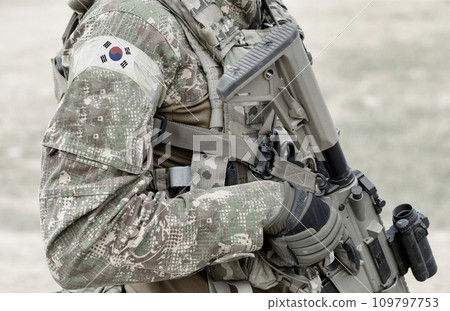 Soldier with assault rifle and flag of South Korea on military uniform. Collage. Soldier with assault rifle and flag of South Korea on military uniform. Collage. 109797753