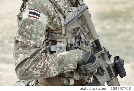 Soldier with assault rifle and flag of Thailand on military uniform. Collage. 109797768