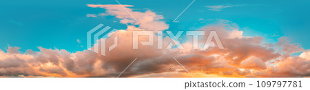 Dramatic sunset sky panorama with bright glowing red pink Cumulus clouds. HDR 360 seamless spherical panorama. Sky dome in 3D, sky replacement for aerial drone panoramas. Weather and climate change. 109797781