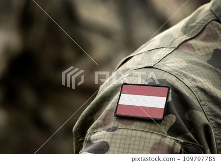 Flag of Austria on military uniform. Army, troops, soldiers. Collage. Flag of Austria on military uniform. Army, troops, soldiers. Collage. 109797785