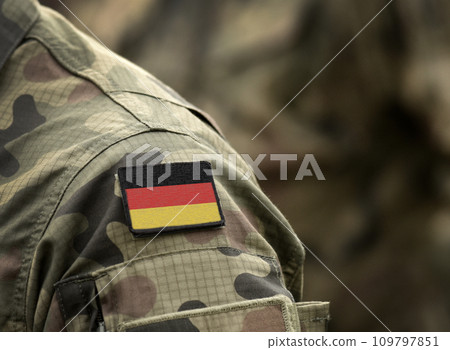 Flag of Germany on military uniform. Army, armed forces, soldiers. Collage. Flag of Germany on military uniform. Army, armed forces, soldiers. Collage. 109797851