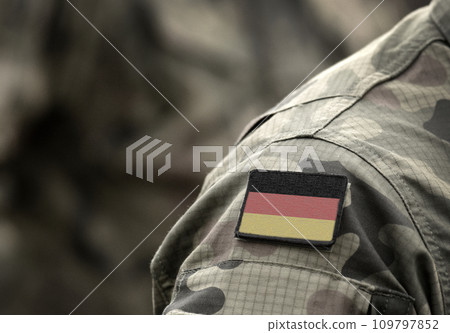 Flag of Germany on military uniform. Army, armed forces, soldiers. Collage. Flag of Germany on military uniform. Army, armed forces, soldiers. Collage. 109797852