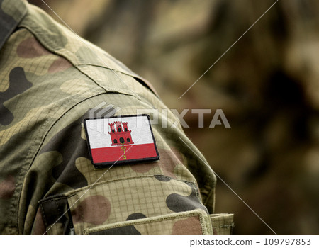 Flag of Gibraltar on military uniform. Army, soldiers. Collage. Flag of Gibraltar on military uniform. Army, soldiers. Collage. 109797853